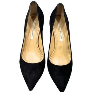 Diane von Furstenberg Suede Pointed-Toe Kitten Heel Pumps Black 6.5